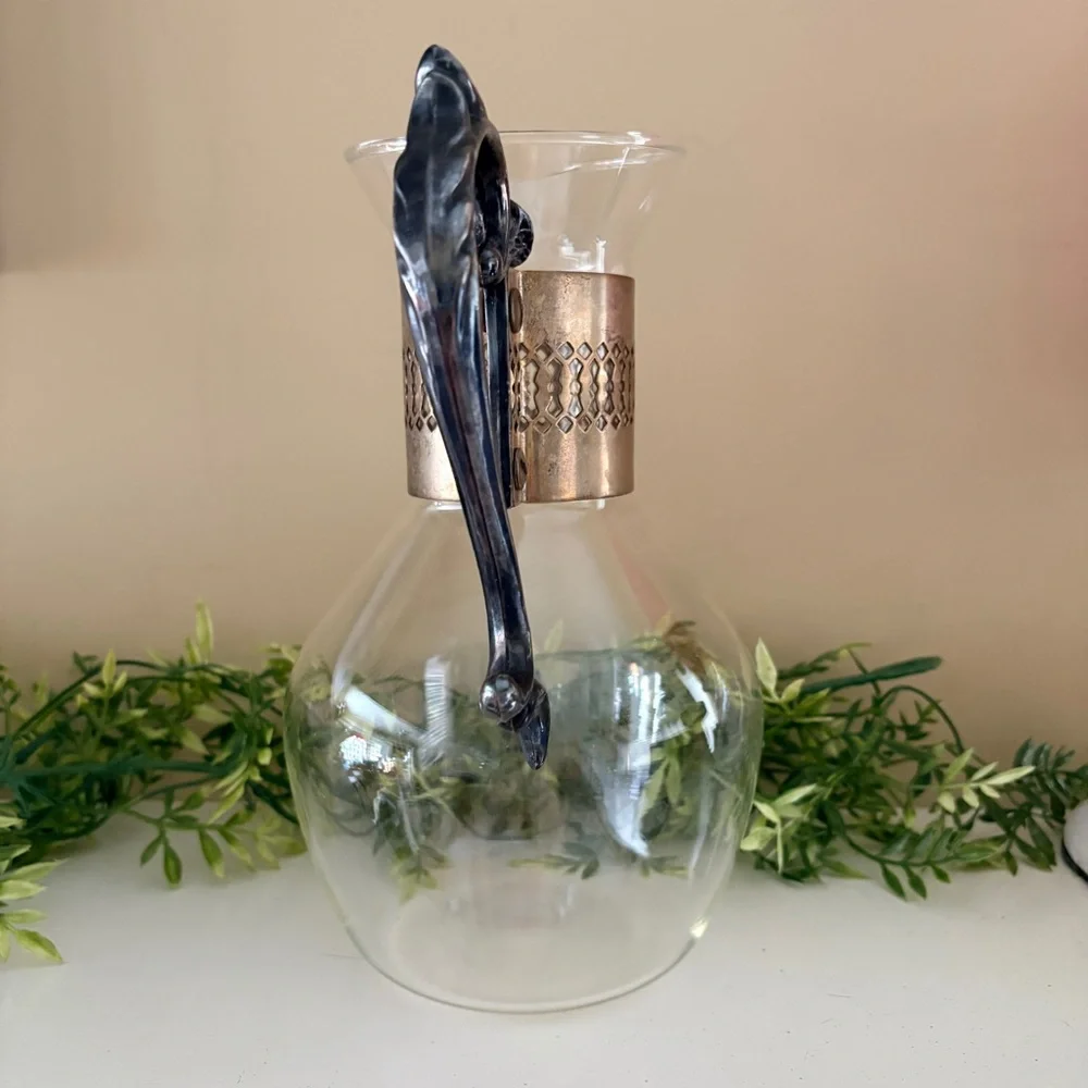 Vintage Corning Glass Coffee or Tea Carafe Pitcher with Metal Collar and Handle